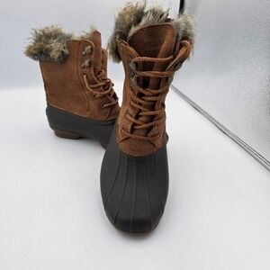Sperry Brown Suede & Black Duck Lace-Up Winter Boots with Faux Fur Collar